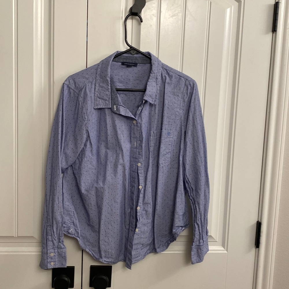 Tommy Hilfiger blue with white stripe long sleeve button up shirt
